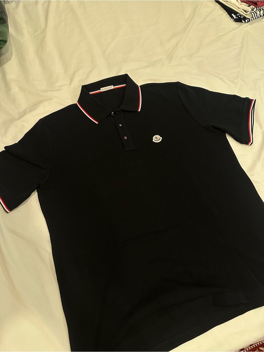 Moncler Black Polo with Red and White Trim Accents